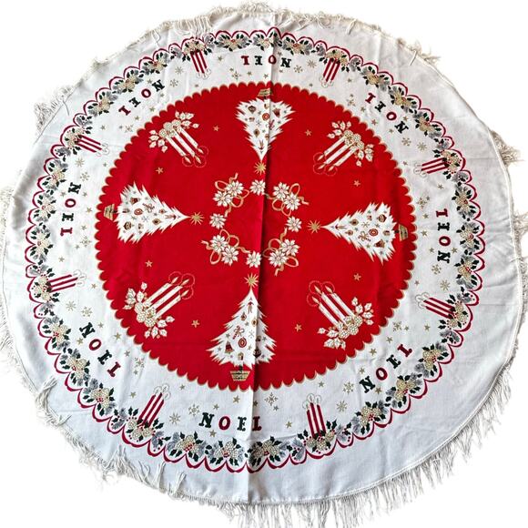 Vintage Christmas Holiday Tablecloth Cotton Print Round Fringe Red Gold Festive - Picture 1 of 10